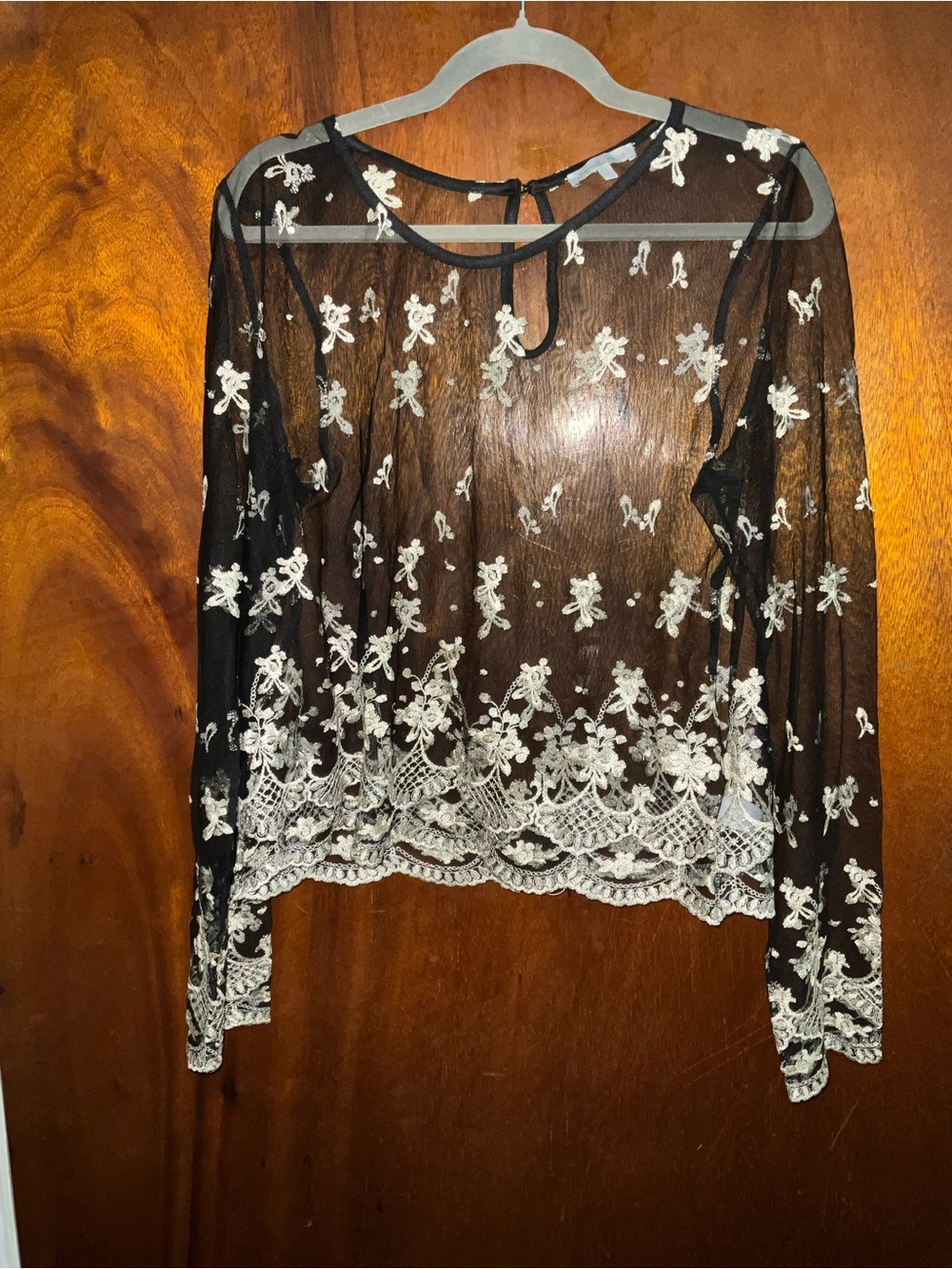 Charlotte Russe Black Sheer Lace Top with White Floral Embroidery